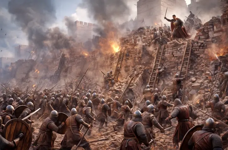 İstanbul’un fethinde Osmanlı askerlerinin surları aşarak içeri girdiği anı gösteren tarihi savaş sahnesi; yıkılmış surlar, merdivenlerle tırmanan askerler ve yoğun duman ile alevlerin ortasında süren çatışma.